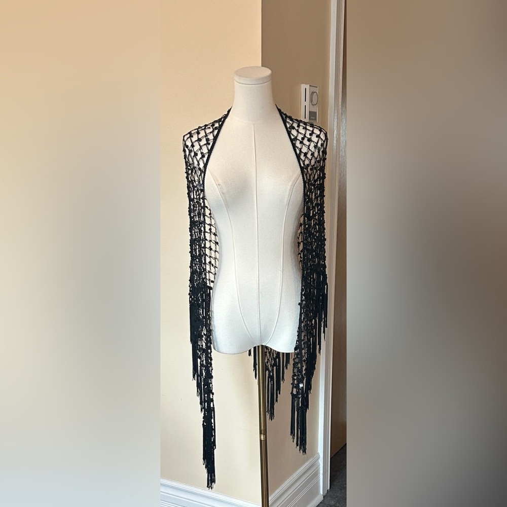 Black Fringe Crochet Shawl Wrap one size - Picture 3 of 5